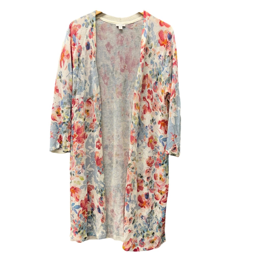 J. Jill Cardigan Womens Large Floral Open Front Multicolor Lightweight Longline